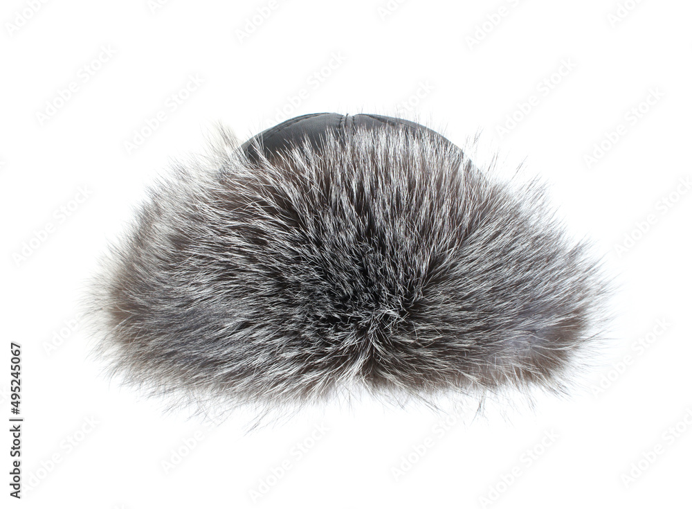 Fur Hat isolated on white background. Grey female winter hat with fur and leather. front view. Fur Hat isolated on white background. Grey female winter hat with fur and leather. front view.