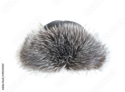 Fur Hat isolated on white background. Grey female winter hat with fur and leather. front view.