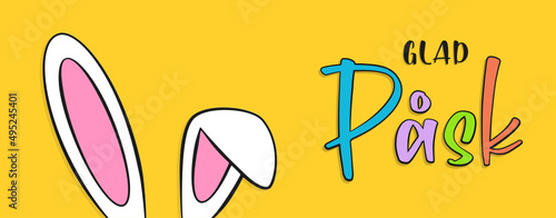 Swedish text Glad påsk. Happy Easter colorful lettering, bunny ears and yellow background. Vector 