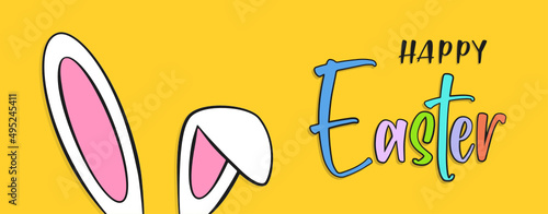 Happy Easter colorful lettering, bunny ears and yellow background. Vector 