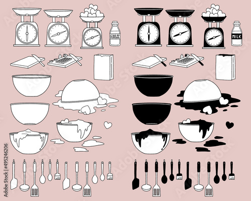 キッチン用品の手書きイラスト01-線画-背景カラー
