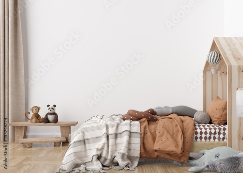 Empty white wall in modern child room. Mock up interior in scandinavian style. Free, copy space for your picture, poster. Bed, toys. Cozy room for kids. 3D rendering.