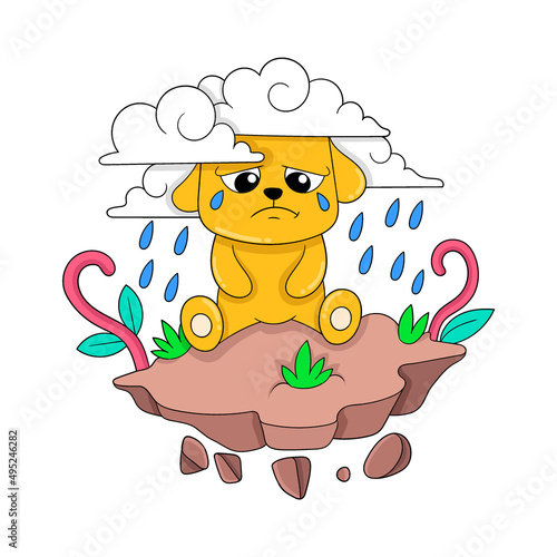 sad-faced puppy crying in heavy rain, doodle icon image kawaii