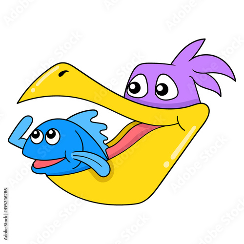 the head of the stork is smiling carrying fish in its mouth, doodle icon image kawaii