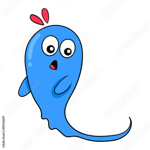 a blue liquid shaped ghost with a surprised face, doodle icon image kawaii