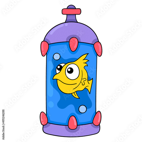 aquarium containing cute yellow ornamental fish, doodle icon image kawaii