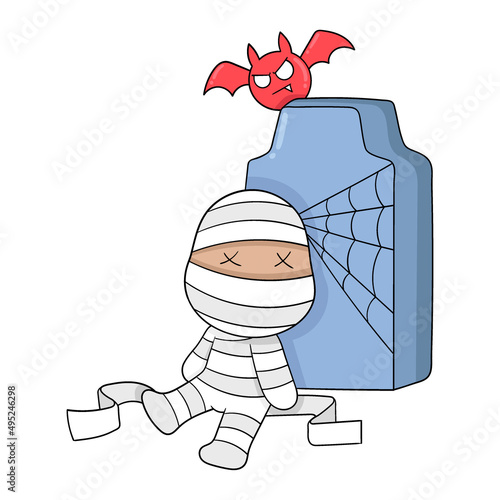 mummy is sitting unconscious leaning on the tombstone, doodle icon image kawaii