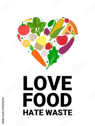 Vector illustration of fruit and vegetables forming a heart symbol, world food day concept and International Awareness Day on Food Loss and Waste.