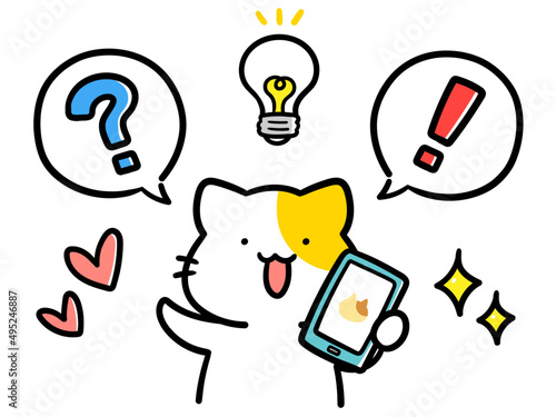 スマホを見せるかわいいねこのキャラクターの手書き風イラスト