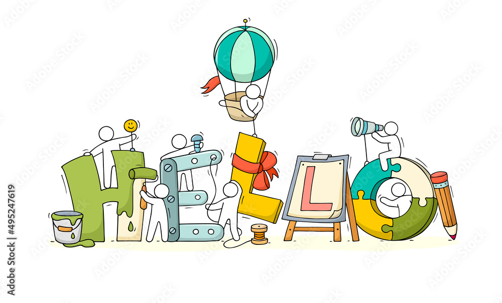 Fototapeta premium Cartoon working little people with word Hello.
