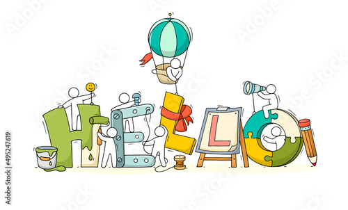 Cartoon working little people with word Hello.