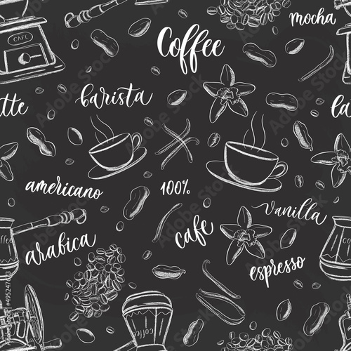 Coffee seamless pattern in vintage hand drawn doodle style with different objects on coffee theme.