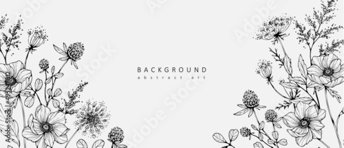 Luxury botanical background with trendy wildflowers and minimalist flowers for wall decoration or wedding. Hand drawn line herb, elegant leaves for invitation save the date card. Botanical rustic