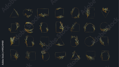 Floral branch and minimalist flowers for logo or tattoo. Hand drawn line wedding herb, elegant leaves for invitation save the date card. Botanical rustic trendy greenery