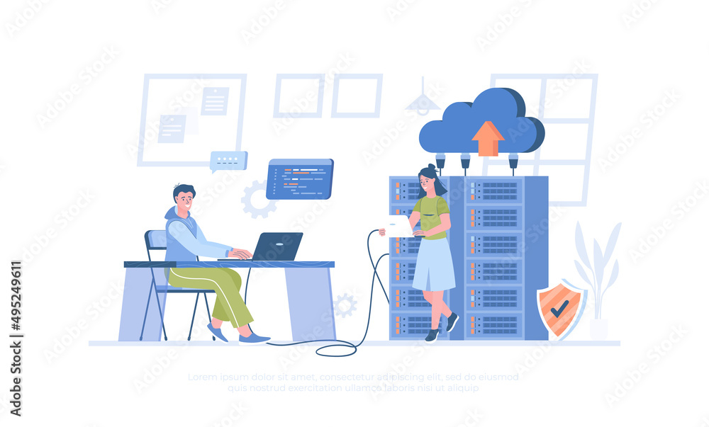 Data center. Hosting provider, data storage, cloud technologies. Server racks, datacenter equipment. Cartoon modern flat vector illustration for banner, website design, landing page.