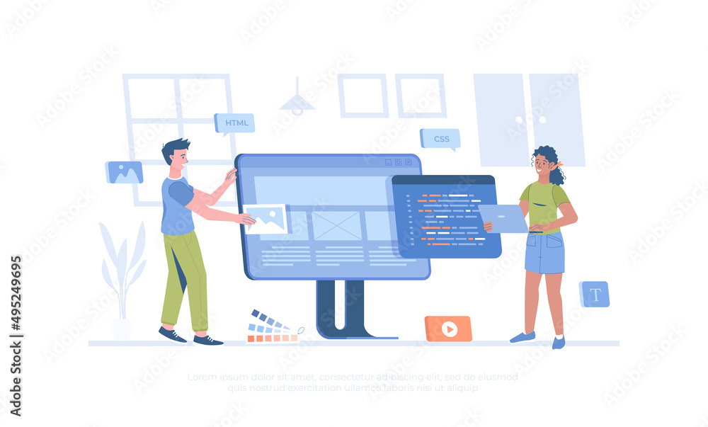 Front end development. Website interface, front end developer, web page design, user experience. Cartoon modern flat vector illustration for banner, website design, landing page. Front end development. Website interface, front end developer, web page design, user experience. Cartoon modern flat vector illustration for banner, website design, landing page.