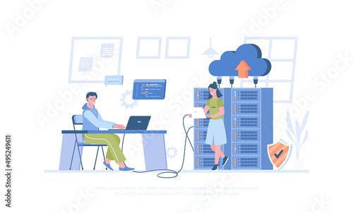 Data center. Hosting provider, data storage, cloud technologies. Server racks, datacenter equipment. Cartoon modern flat vector illustration for banner, website design, landing page.