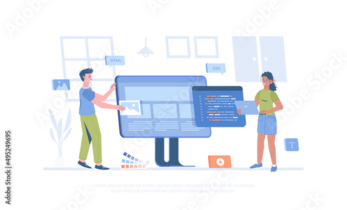 Front end development. Website interface, front end developer, web page design, user experience. Cartoon modern flat vector illustration for banner, website design, landing page.