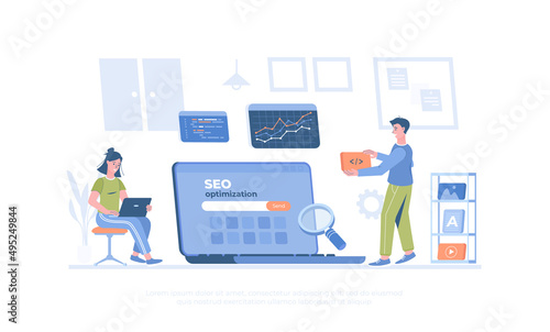 SEO optimization concept. Setting up and optimizing search results for site. Cartoon modern flat vector illustration for banner, website design, landing page.