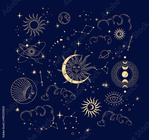 Set of celestial mystic esoteric magic elements sun moon and clouds Different stages of moon, zodiac Signs. Alchemy tattoo object logo template. Vector