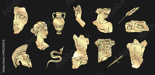Set of antique marble statues with broken elements. Greek classic ancient of Venus, amphora. Modern tattoo and logo. Hand drawn mythical trendy Vector
