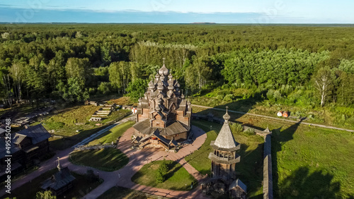 Flight over the Intercession Church in the ethno park Bogoslovka estate.