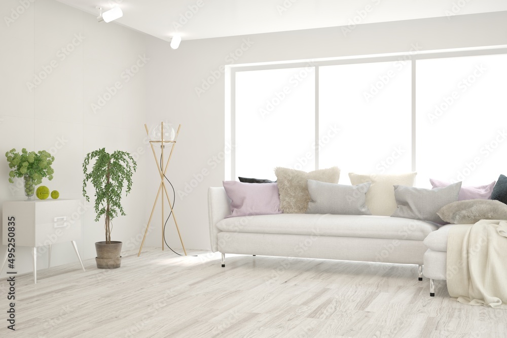 Fototapeta premium Modern living room in white color with sofa. Scandinavian interior design. 3D illustration