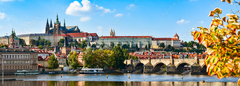 Panorama of the city of Prague in the Czech Republic on the Vltava River, view from the city promenade on Hradcany on a sunny day.