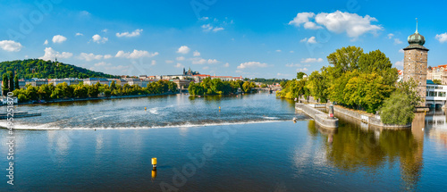 Petrin gardens, Hradcany, view from the Jiraskuv Bridge over the Vltava River on a sunny day.