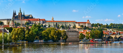 Panorama of the city of Prague in the Czech Republic on the Vltava River, view from the city promenade on Hradcany on a sunny day.