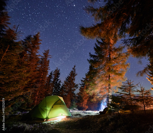 Tourist tent and bonfire in forest campground with picturesque starry sky in National Park, concept of active travel trekking and summer hiking to mountains with campsite equipment