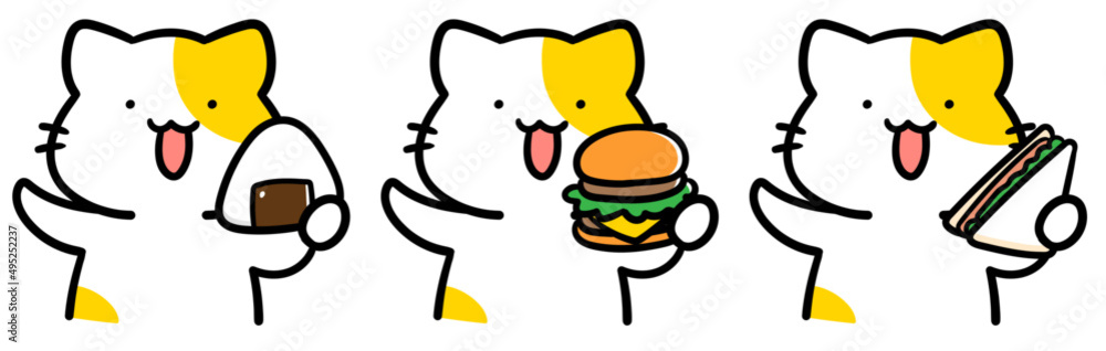 ランチの食べ物を持つかわいいねこのキャラクターの手書き風イラスト Stock Vector Adobe Stock