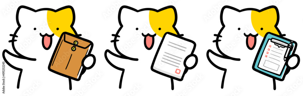色々な書類を持つかわいいねこのキャラクターの手書き風イラストセット Stock Vector Adobe Stock