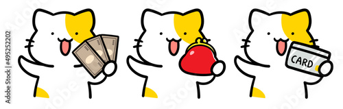 お金に関するアイコンを持つかわいいねこのキャラクターの手書き風イラストセット