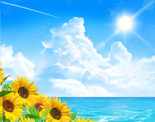 太陽の下入道雲の青い空の下に咲く向日葵と飛行機雲と海のゆらめく波の夏イメージイラスト素材