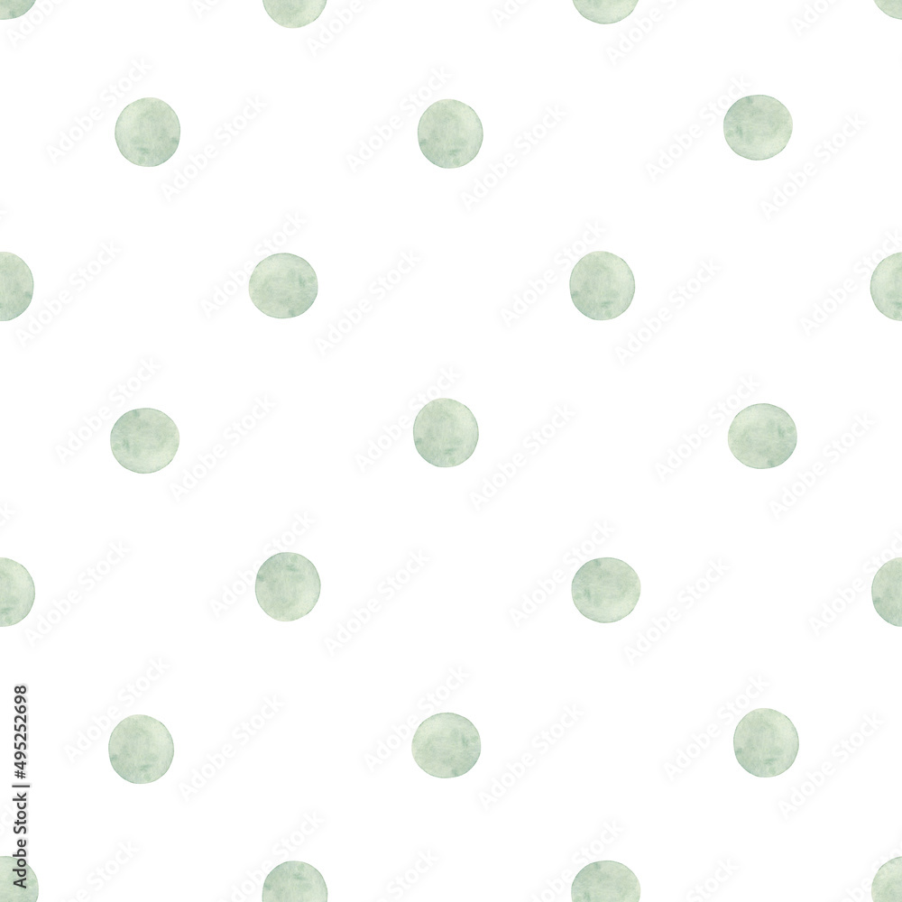 Watercolor seamless pattern green polka dots. Isolated on white background. Hand drawn clipart. Perfect for card, postcard, tags, invitation, printing, wrapping. - obrazy, fototapety, plakaty 
