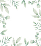 Watercolor illustration card with eucalyptus green leaves branches frame. Isolated on white background. Hand drawn clipart. Perfect for card, postcard, tags, invitation, printing, wrapping.