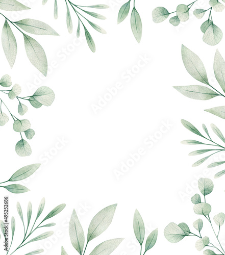 Watercolor illustration card with eucalyptus green leaves branches frame. Isolated on white background. Hand drawn clipart. Perfect for card, postcard, tags, invitation, printing, wrapping.