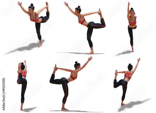 Virtual Woman in Yoga Dancer Pose with 6 angles of view on white