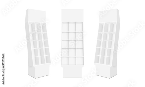 Promotional Display Racks, Isolated on White Background, Front, Side View. Vector Illustration