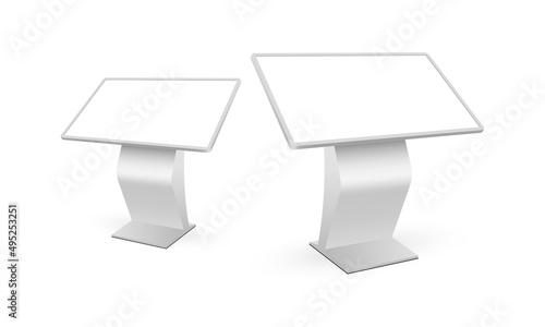 Information Touch Screen Kiosk, Service Interactive Digital Signage with Side View. Vector Illustration