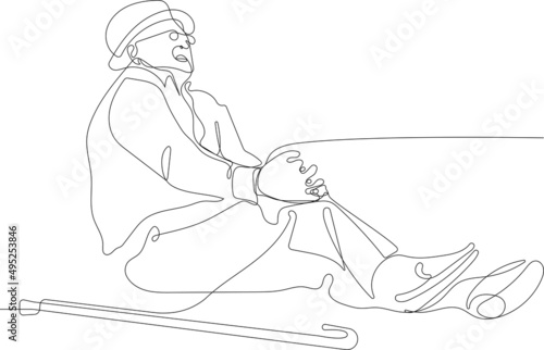 Continuous one line drawing of mature man lying on the floor in pain and holding his knee. Minimal outline concept. Vector illustration