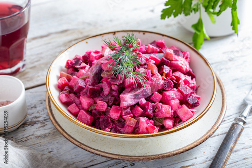 Swedish classic beet salad with herring, selective focus