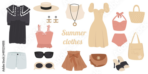 A set of vector illustrations of summer women is fashion clothing. A collection of fashionable clothes for leisure or the beach. Color stylish shoes, dress, hat, sunglasses, swimsuit