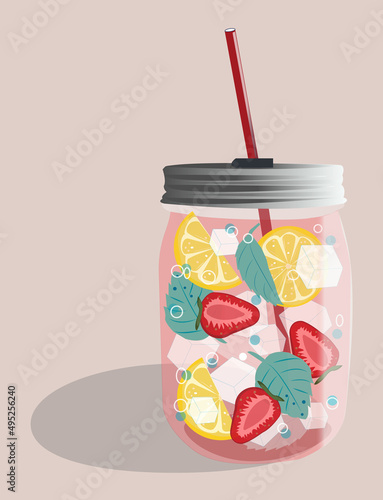 Pink lemonade with strawberry, lemon and mint in a glass jar with ice. Summer illustration.