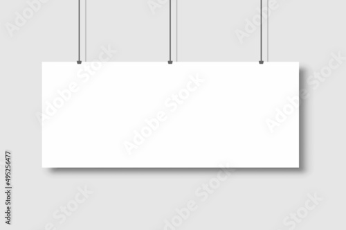Template of white blank vector poster. Mockup hanging on the wall. Frame for paper sheet. Isolated on grey background. Vector illustration