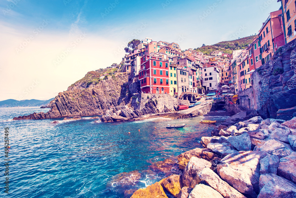 Amazing cityscape with colored houses in Riomaggiore, Cinque Terre, Italy. Amazing places. A popular vacation spot.