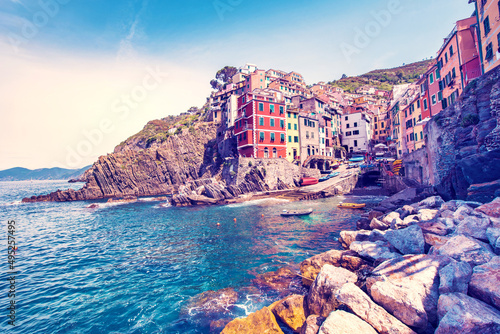 Amazing cityscape with colored houses in Riomaggiore, Cinque Terre, Italy. Amazing places. A popular vacation spot. photo