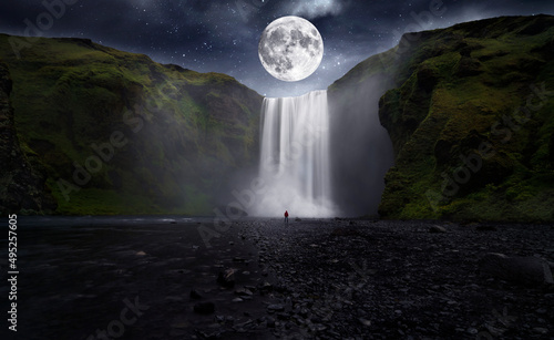 Fototapeta Naklejka Na Ścianę i Meble -  Big moon over great waterfall