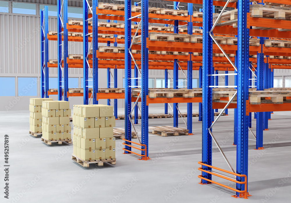 Interior of a modern warehouse storage with pallet truck near shelves. Warehouse rent. Pallets